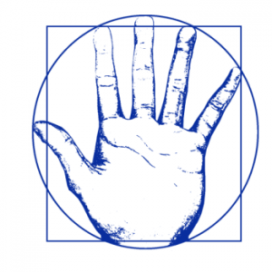 logo-du-cabinet-d'ostéopathie-de-cébazat-de-Basile-Naegelen-avec-une-main-reprenant-l'Homme-de-Vitruve-en-bleu