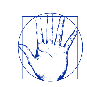 logo-du-cabinet-d'ostéopathie-de-cébazat-de-Basile-Naegelen-avec-une-main-reprenant-l'Homme-de-Vitruve-en-bleu